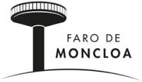 Ilustración en blanco y negro del Faro de Moncloa, un reconocido mirador y estructura arquitectónica en Madrid, con el texto 'FARO DE MONCLOA' en mayúsculas debajo, indicando su identidad como punto de referencia urbano.