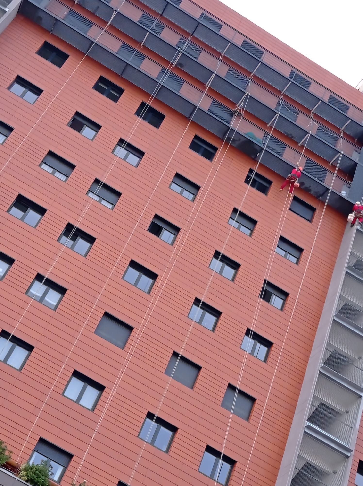Operarios especializados en trabajos verticales descendiendo por la fachada de ladrillo naranja de un edificio residencial, utilizando técnicas de escalada y equipos de seguridad, en un día nublado con luz difusa, destacando el contraste de la arquitectura urbana moderna.