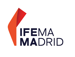 Logotipo de IFEMA Madrid, que muestra un diseño gráfico abstracto en rojo junto al texto "IFEMA MADRID" en letras mayúsculas negras, simbolizando la identidad visual de la Institución Ferial de Madrid, líder en la organización de ferias, eventos y congresos en la capital española.