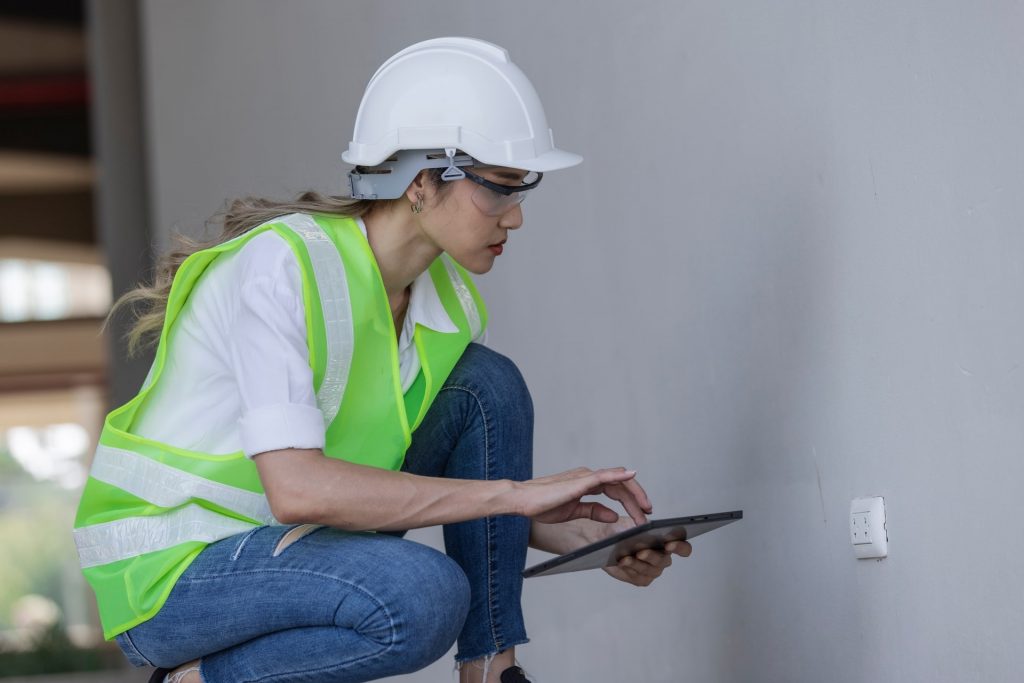 Ingeniera con casco y chaleco reflectante realizando una inspección técnica en la fachada de un edificio, representando el trabajo de empresas de rehabilitación de fachadas.